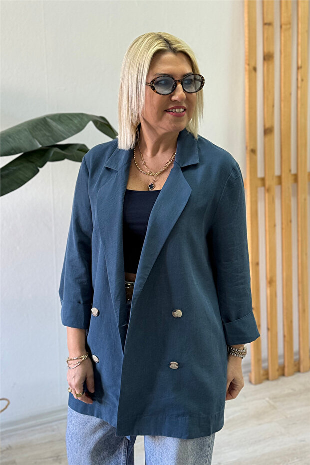 Navy Blue Buttoned Three-Quarter Sleeve Blazer Jacket