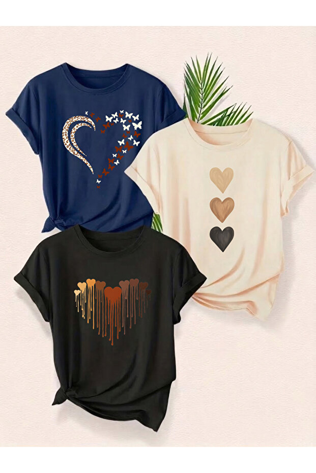 Trend Sizde Unisex Baskılı Tişört Üç Farklı Tasarım Günlük Rahat Trend Model