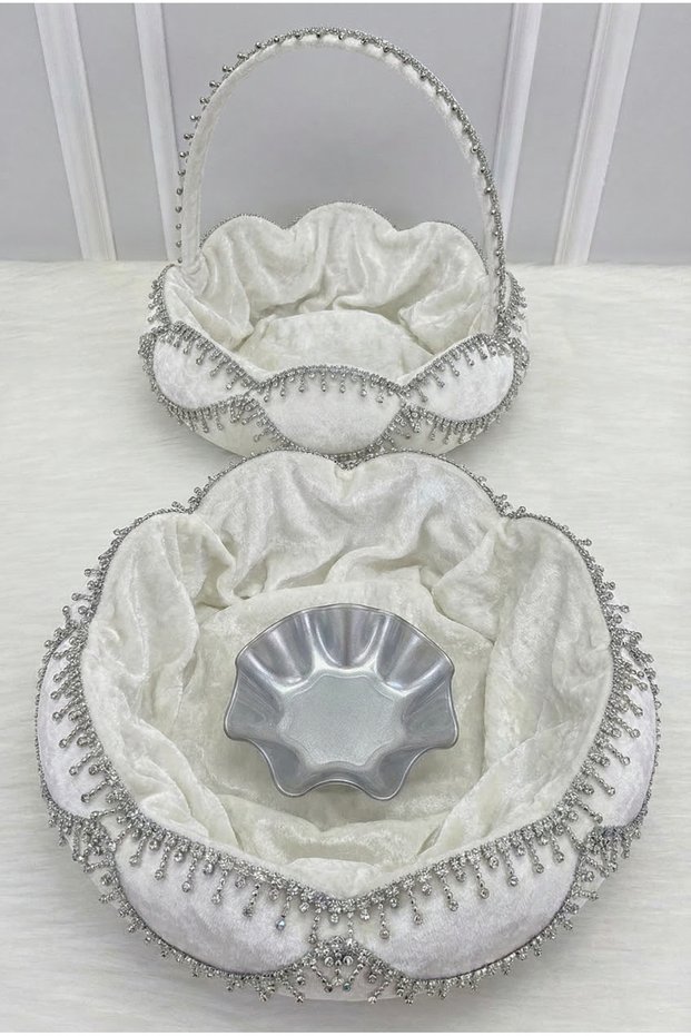 White Bridal Henna Night Tray Basket Set, Silver Shiny Stone Decorated, Engagement, Wedding, Marriage, Promise