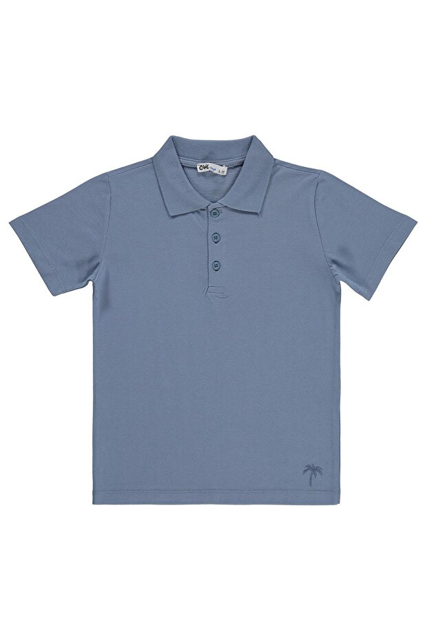 Boy's Palm Tree Embroidered Polo Collar T-Shirt for Ages 6-9 - Blue 9-10 Years