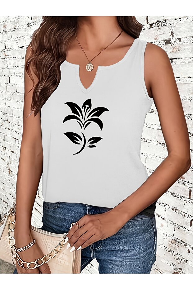 Women's Printed Half V-Neck Sleeveless Regular Fit Casual T-Shirt
