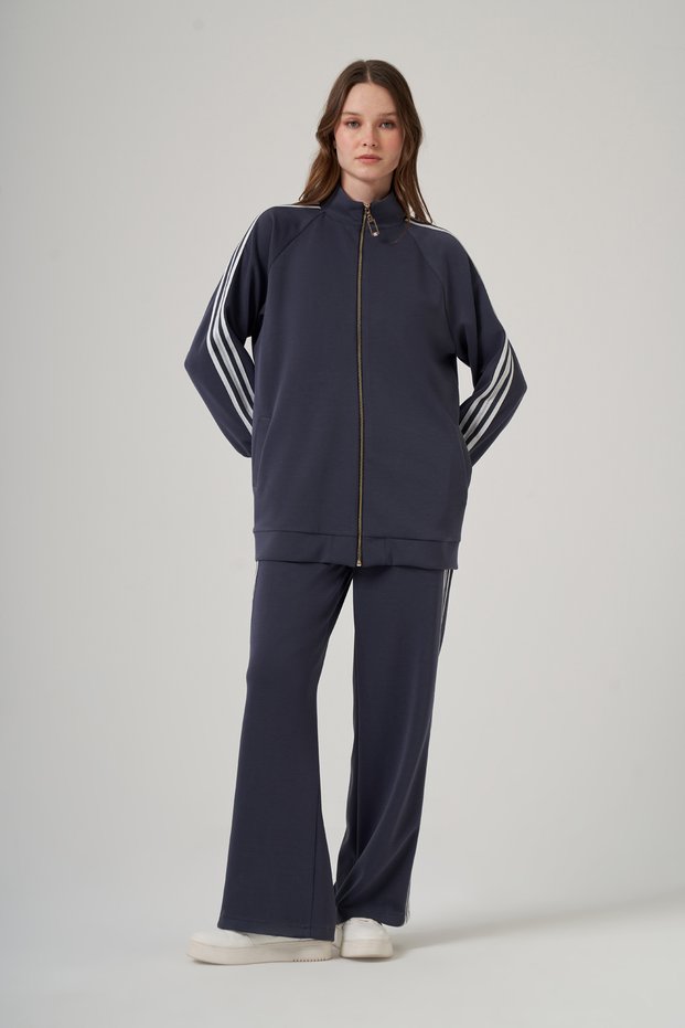 Zipper Detailed Pants Suit with Stone Detail 1092 Navy Blue