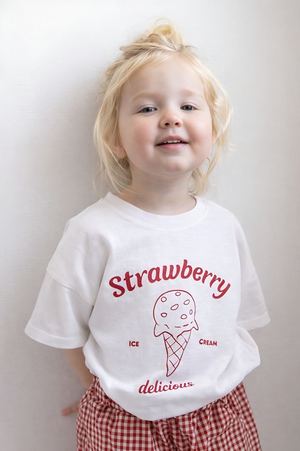Strawberry Ice Cream Printed Oversized Unisex Children's T-Shirt 1Gh6