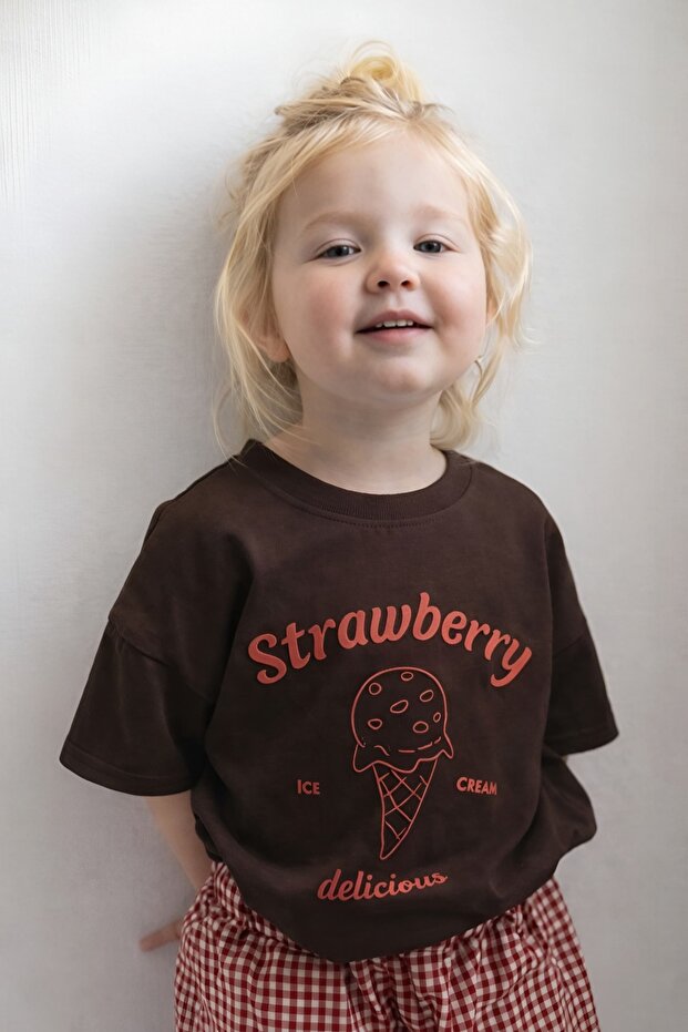 Strawberry Ice Cream Printed Oversized Unisex Children's T-Shirt 1Gh6