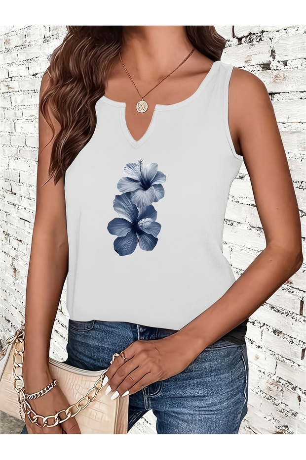Women's Blue Floral Printed Half V-Neck Sleeveless Regular Fit Casual T-Shirt