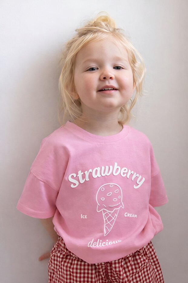 Strawberry Ice Cream Printed Oversized Unisex Children's T-Shirt 1Gh6