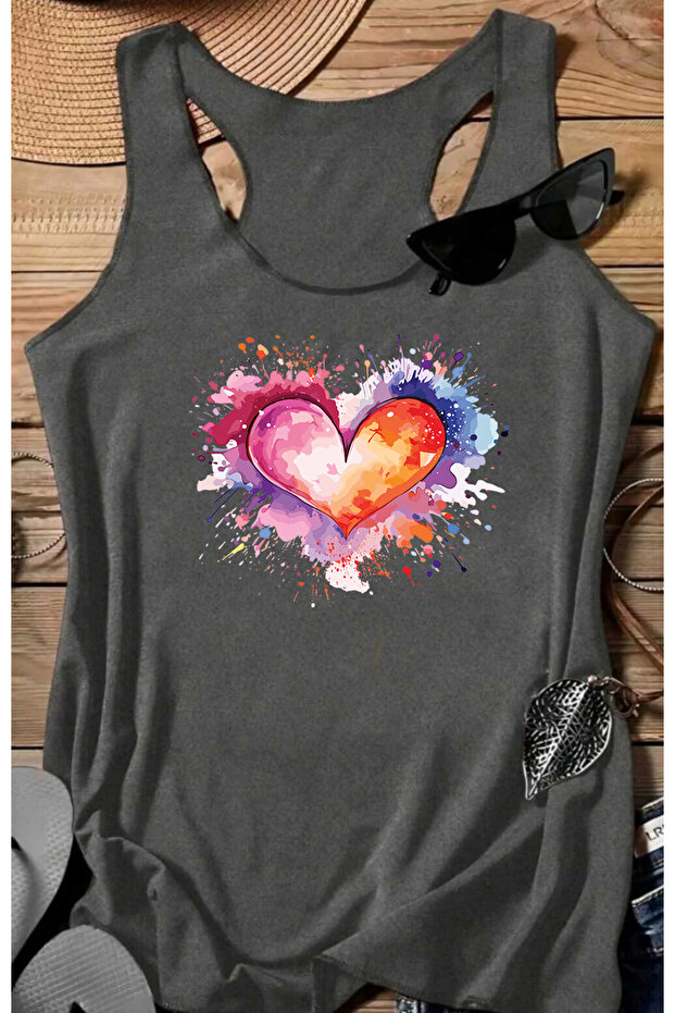 Heart Printed Women's Sleeveless Swimmer Athlete Tshirt