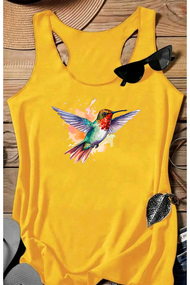 Colorful Bird B Printed Women's Sleeveless Swimmer Athlete Tshirt