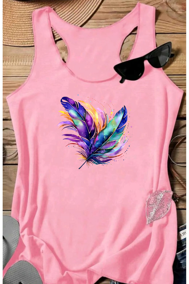 Colorful Feather B Printed Women's Sleeveless Swimmer Athlete Tshirt