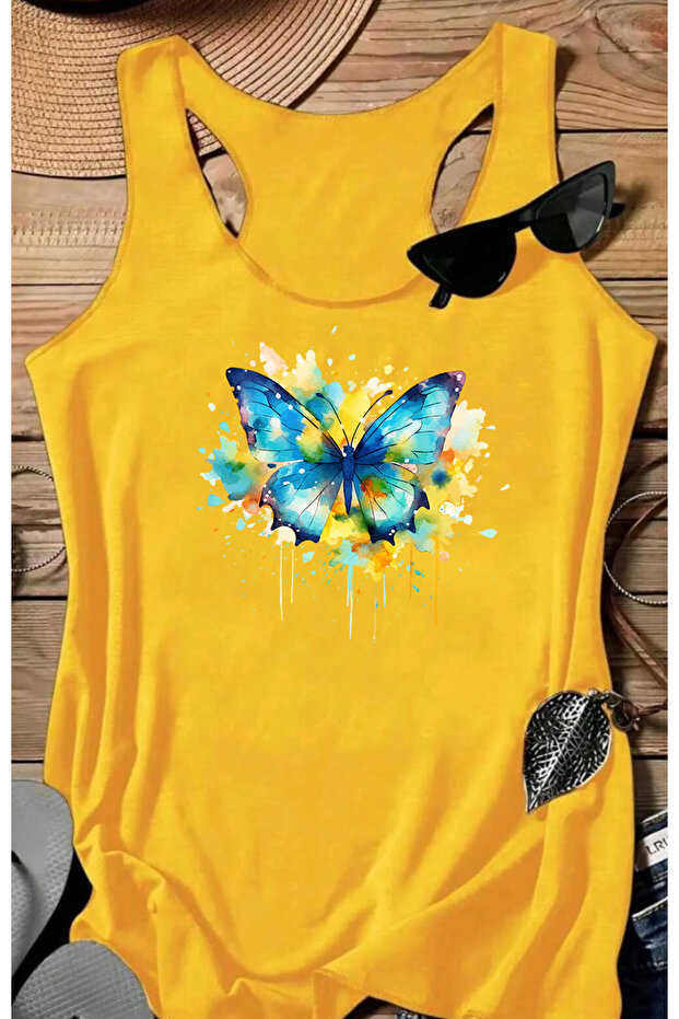 Colorful Butterfly B Printed Women's Sleeveless Swimmer Athlete Tshirt