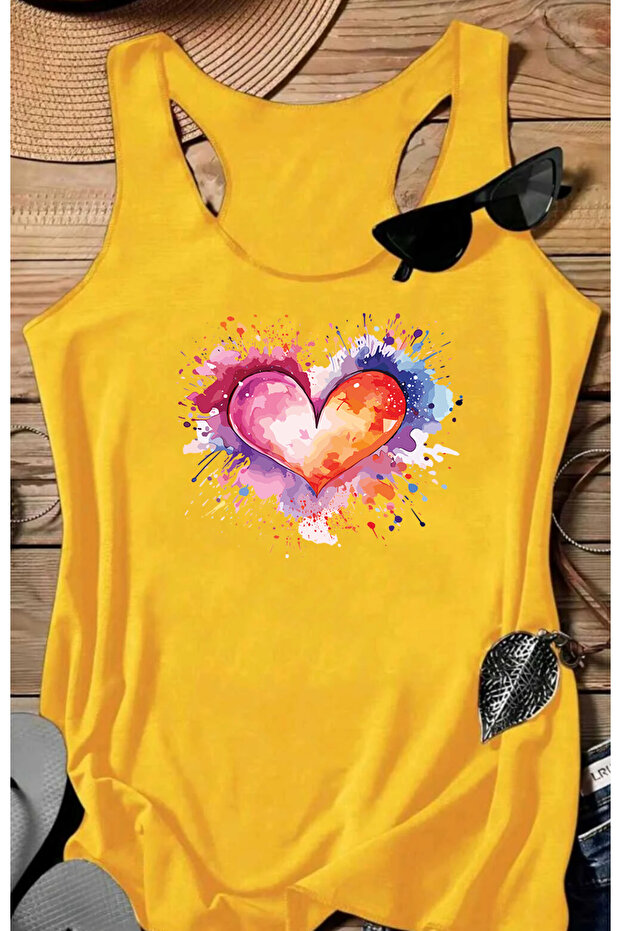 Heart Printed Women's Sleeveless Swimmer Athlete Tshirt