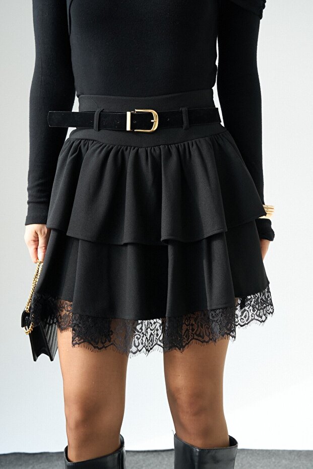 Lace Detailed Layered Black Mini Knee-Length Skirt