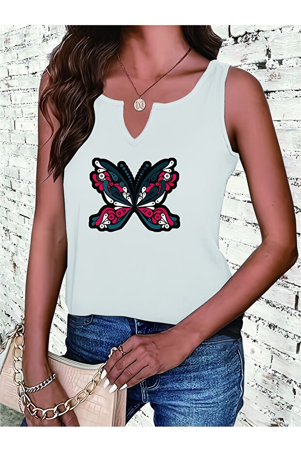 Women's Butterfly Printed Half V-Neck Sleeveless Regular Fit Casual T-Shirt