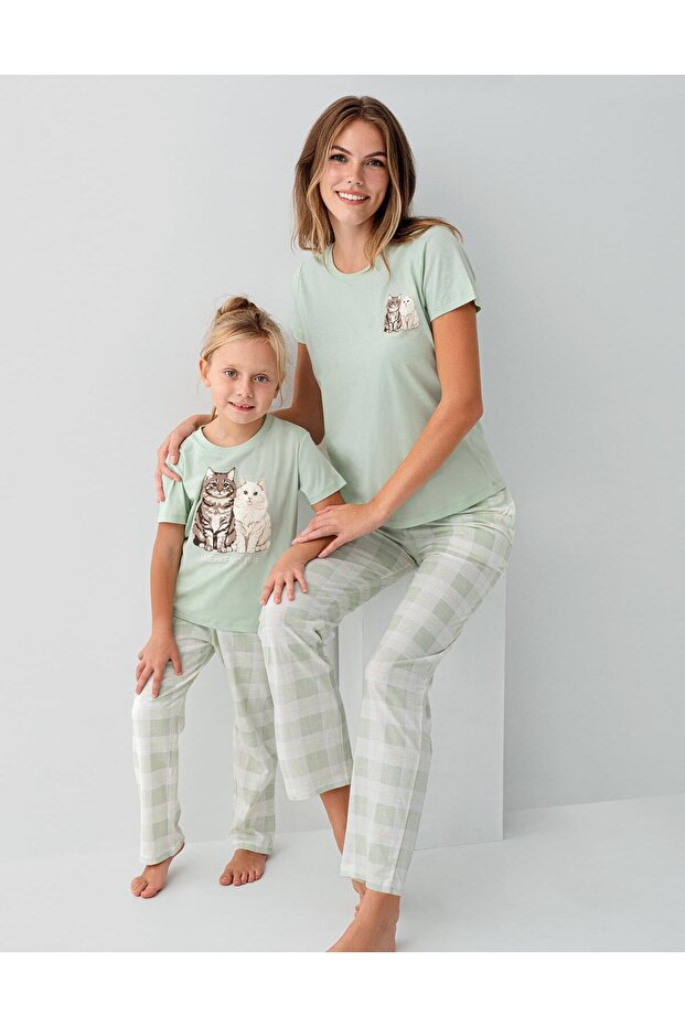 Mother Daughter Cat Pajamas (Sold Separately) Set 100% Cotton – Short Sleeve Top & Plaid Bottom Family Combo