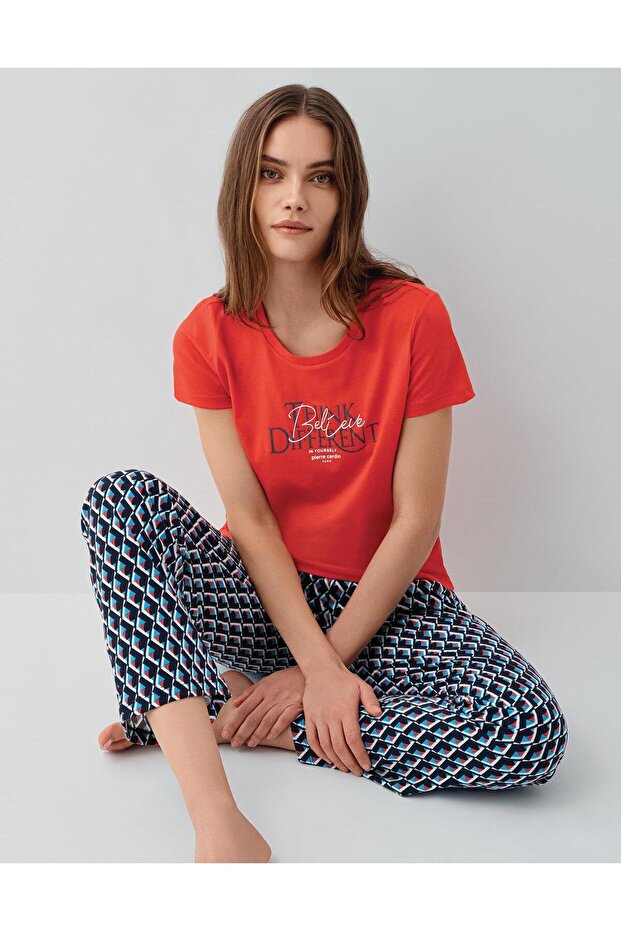 Women's Summer Short Sleeve Pajamas Set – 50% Modal 50% Cotton, Patterned Long Bottom, Printed