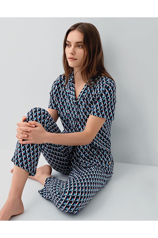 Women's Buttoned Boxed Pajama Set – 50% Cotton 50% Modal, Top Short Sleeve and Buttoned, a