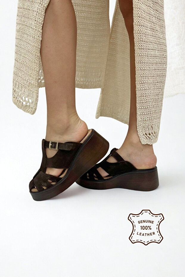 Brown Suede Genuine Leather Women's Wedge Heel Slipper Of602