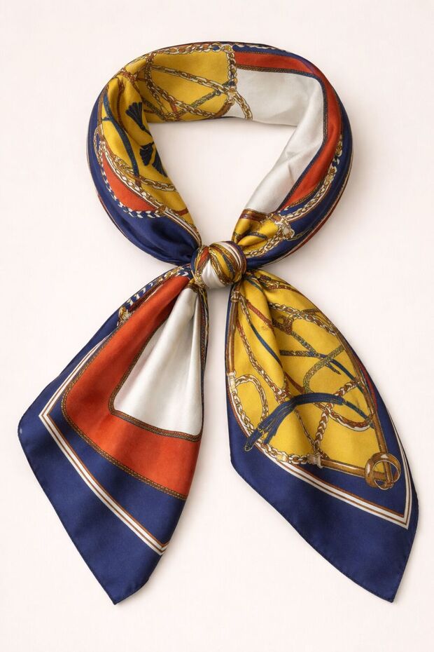 Women's Blue Yellow Blocky Patterned Silk I Satin Scarf 70X70