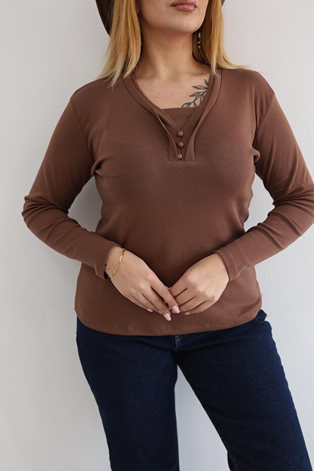 Large Size Double Piping Buttoned Cotton Pack Stretch Fabric Basic Blouse - 6
