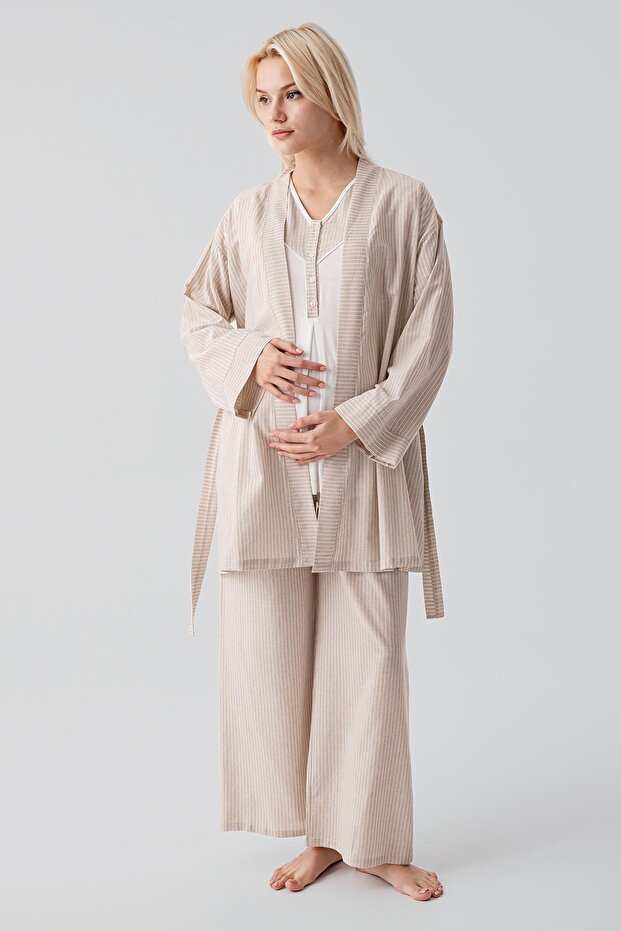 Short Sleeve Striped Buttons Woven Cotton Piece Stretchy Viscose Maternity Dressing Gown Pajama Set