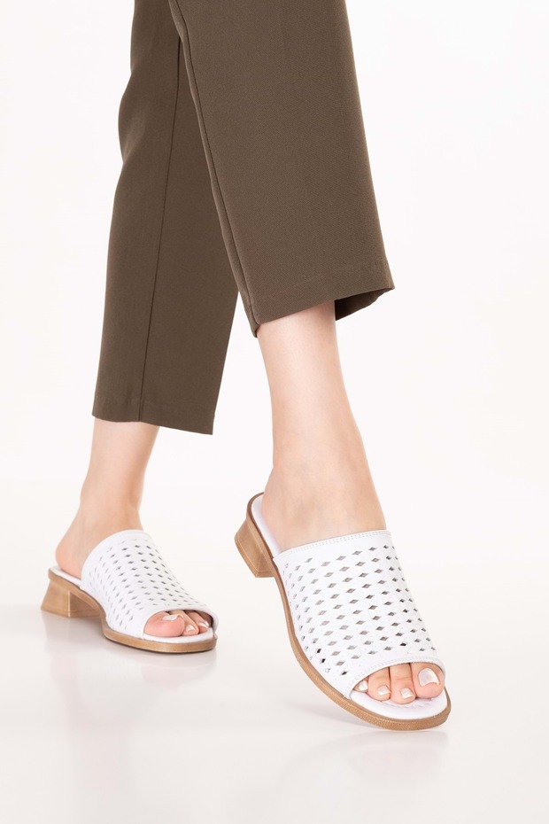 Genuine Leather Short Heeled Daily Perforated Shoes Slipper Ez.1129Al White