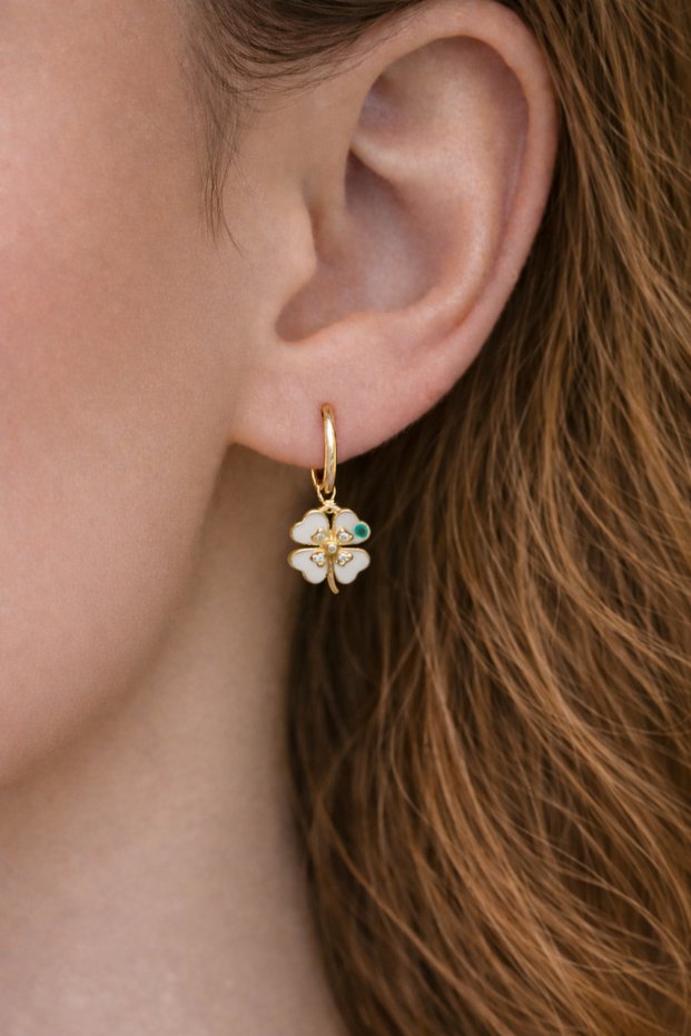 White Clover Charm Minimal Earrings – Zircon Stone Hoop Earrings