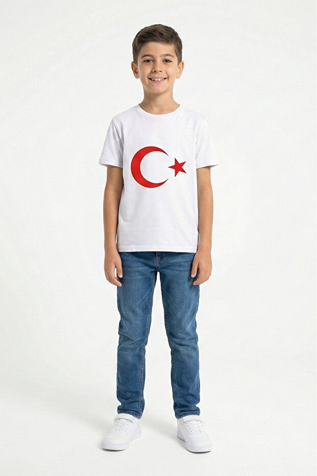 Unisex Kids Crew Neck Turkish Flag Printed Short Sleeve T-Shirt