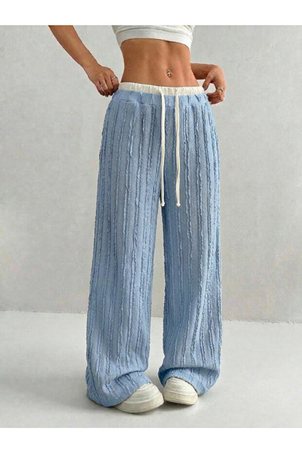 Wide Leg, Elastic Waist, Lace-Up, Textured, High Waist, Comfortable Cut Women's Trousers - 1