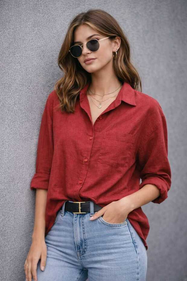 Women's Oversized Burgundy Cotton Pack Comfortable Linen Shirts – Summer Collection
