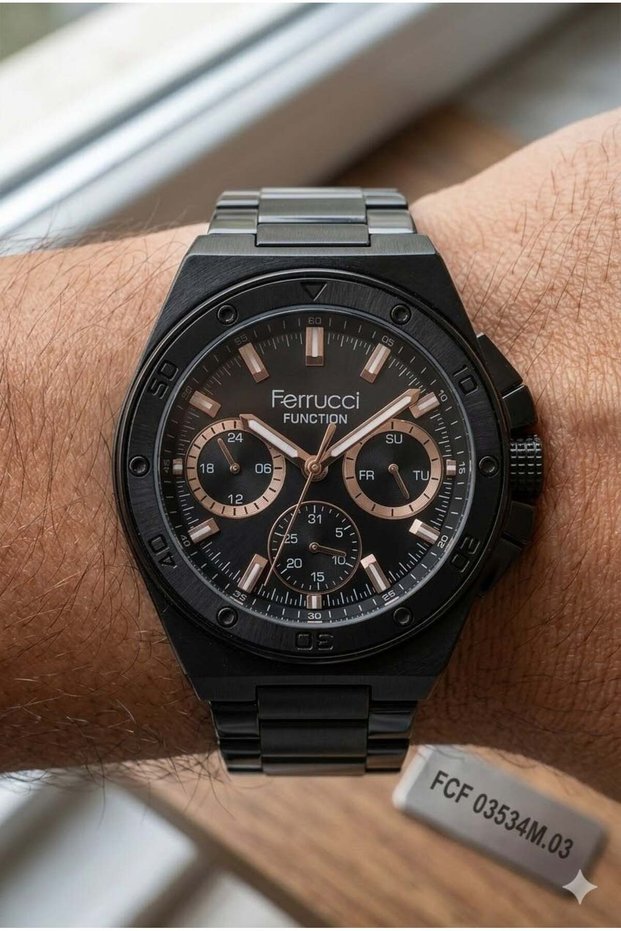 Black Round Case Men's Wristwatch | 42mm Steel Case, Black Metal Band, Black Dial