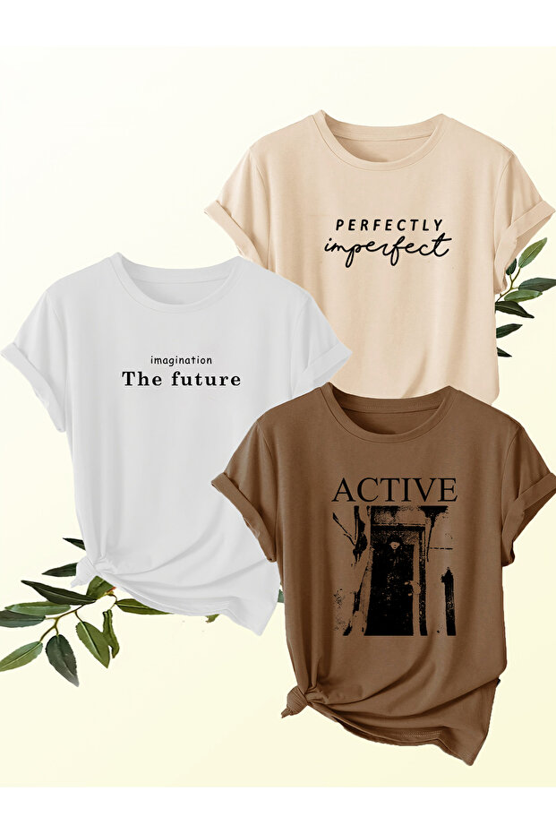 Unisex Beige White Brown 3-Piece Design T-Shirt Set