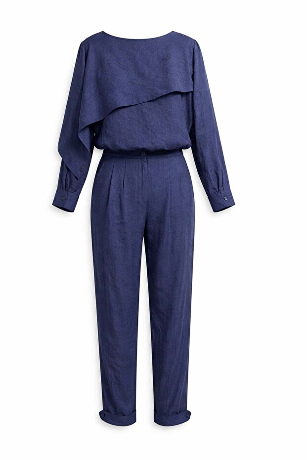 4836 Women's Asymmetrical Detailed Blouse Trousers Double Set Navy Blue