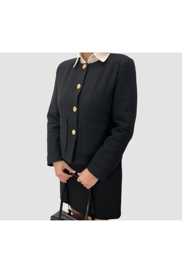 Black Women's Tweed Jacket Long Sleeve Lined Pocketed Buttoned Stylish Jacket