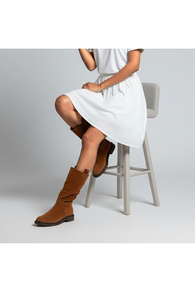 Tan Suede Genuine Leather Comfortable Women's Daily Boots with Bellows