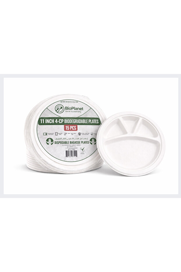 11 Inch 4 Compartment Sugarcane Bagasse Divided Plates, Pack of 15, Disposable Biodegradable Plates for Catering, Parties & Everyday Serving