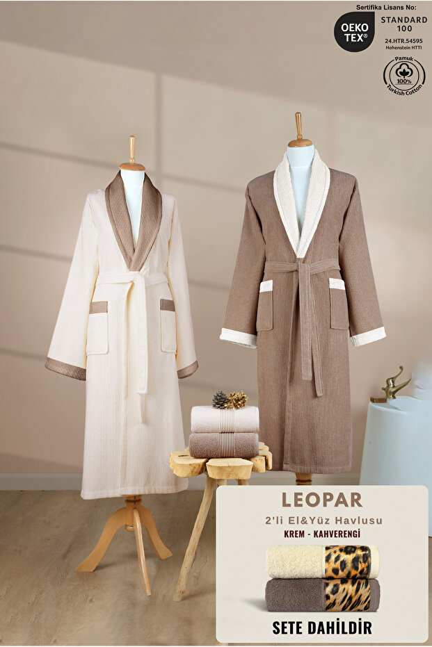 4 Piece Contrast Striped Bathrobe Set 100% Cotton Certified+Gift Leopard 2-Piece Coffee Cream Hand Towel