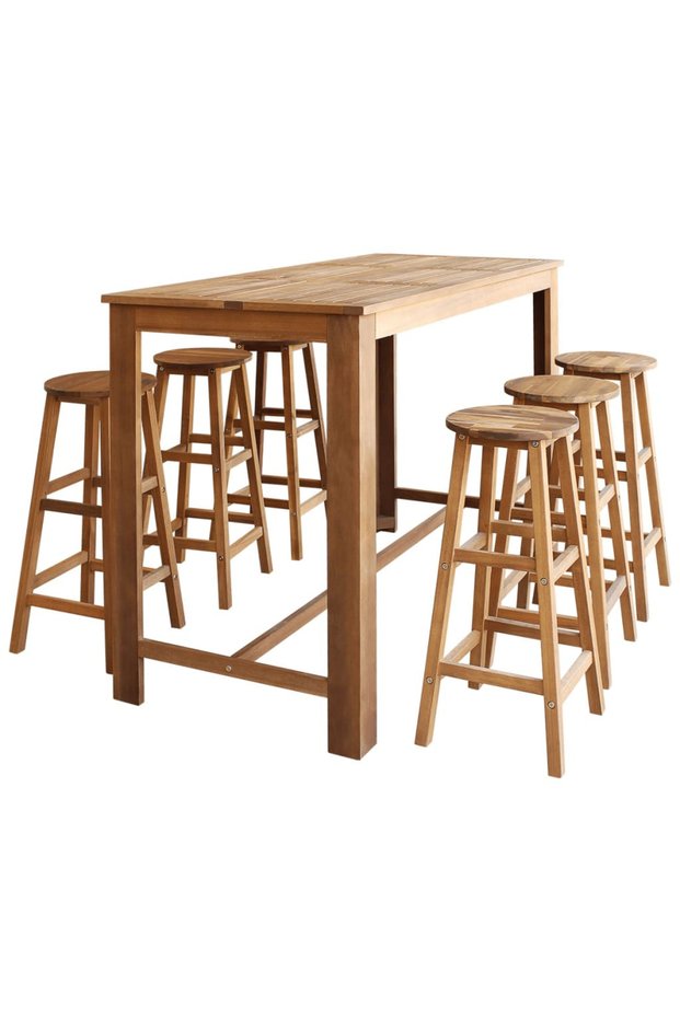 Bar table and stool set, 7 pieces, solid acacia wood