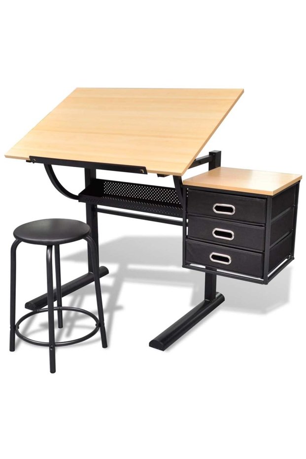 Tilting drafting table with three drawers and stool