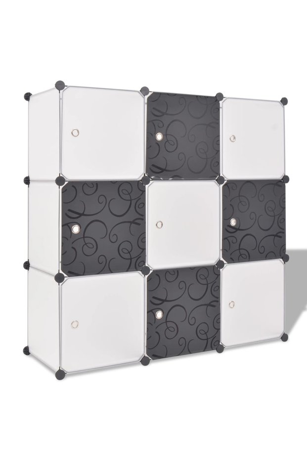 Cube storage cabinet, 9 compartments, black and white