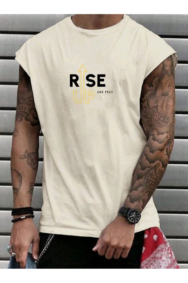 Rise up Slogan Printed Men's Zero Sleeve Clothing Sports Wear Oversized T-Shirt