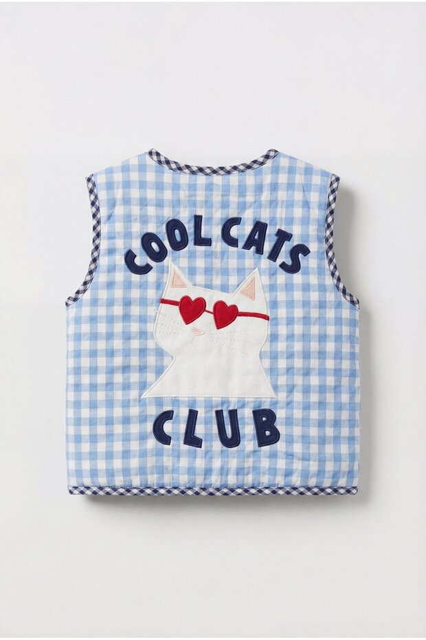 Unisex Kids Cotton Pack Blue Gingham Cat Applique Quilted Vest - Cool Cats Club