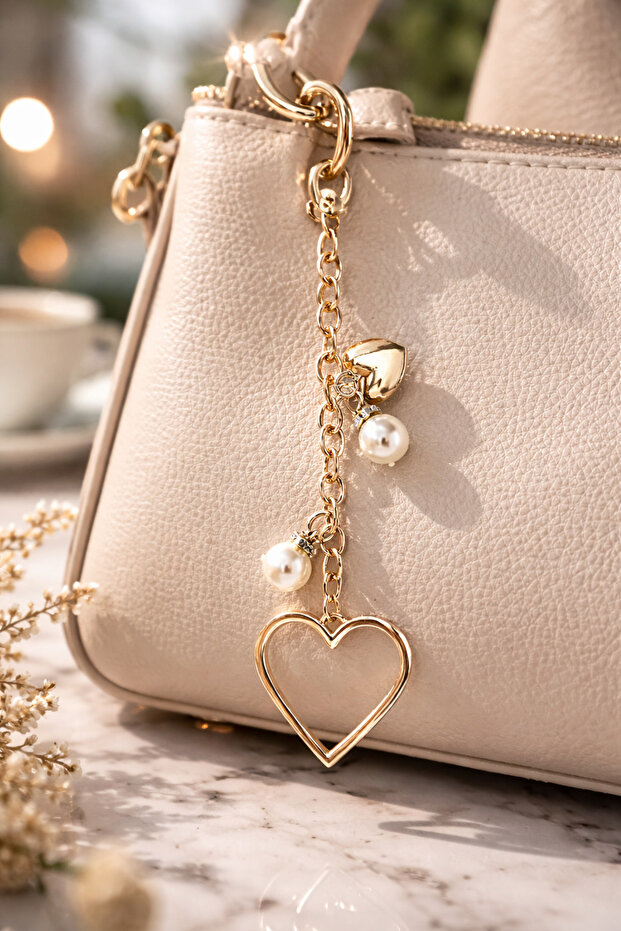 Gold Heart Detailed Pearl Charm a Keychain Ç Bag Accessory with Parrot Hook and Spring Ring Ç Bag Ornament