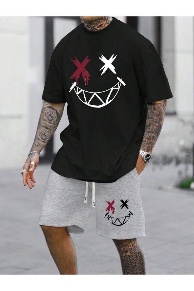 Men's 2-Piece Oversize Basic Beast Fashion Printed Cotton Smiley Face X X-Eyed T-Shirt Shirt and Shorts Set