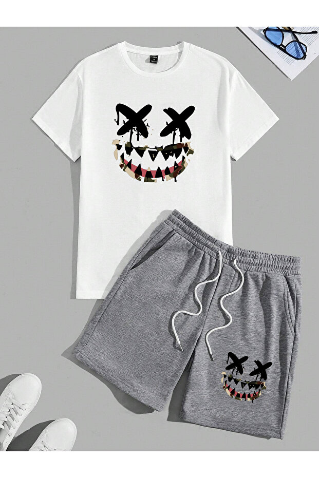 Men's 2-Piece Oversize Basic Beast Fashion Printed Cotton Smiley Face X X-Eyed T-Shirt Shirt and Shorts Set