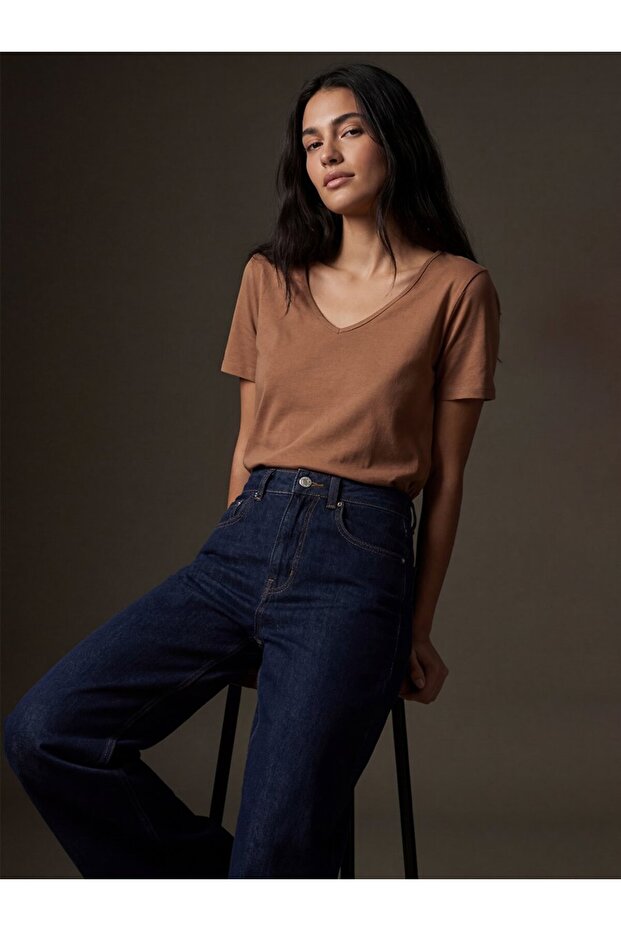 V Yaka Basic Lacivert T-shırt - 1