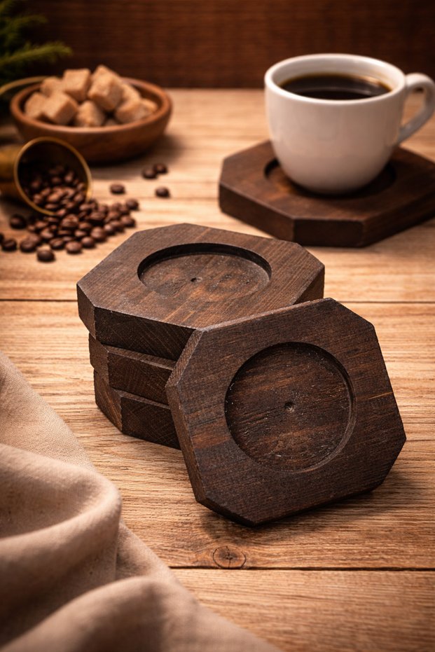 Set of 4 Natural Wooden Coasters Walnut Color Stylish Presentation Plate