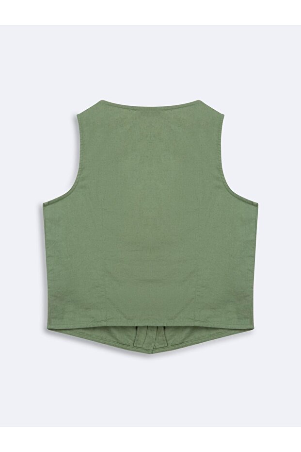 V Yaka Düğmeli Basic Yeşil Bluz - 3