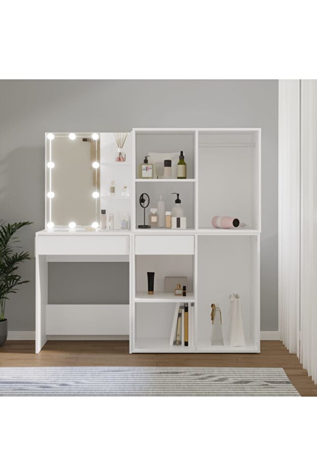 LED dressing table with 2 cabinets, white, engineered wood