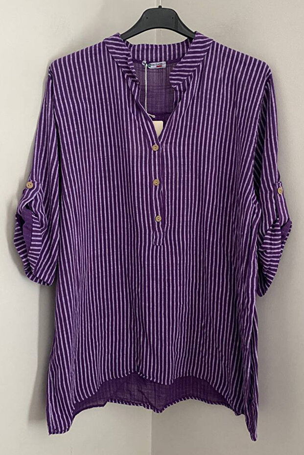 Women's Italian Purple Three-Button Collar with Placket Striped 3/4 Sleeves Loose 100% Cotton Blouse Tunic