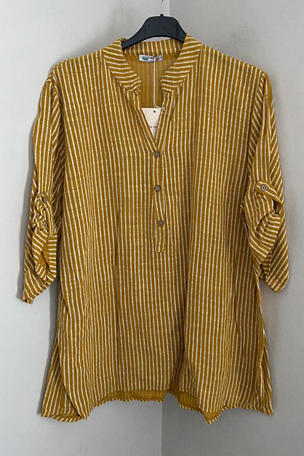 Women's Italian Sanepa Three-Button Collar with Placket Striped 3/4 Sleeves Loose 100% Cotton Blouse Tunic